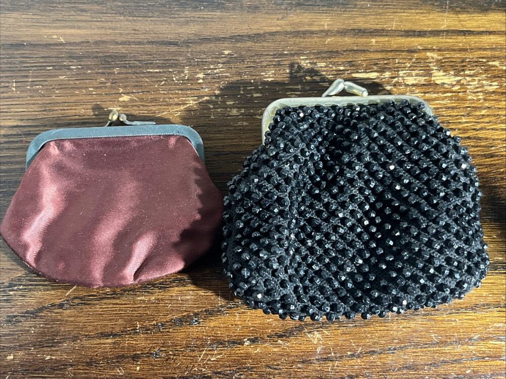 Lot Of 2 Vintage Coin Purses Snap Close One Black Beaded & One Satin Feel